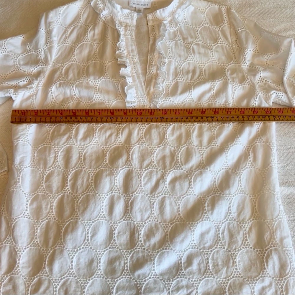 Charter Club Size 14 White Eyelet Cotton Blouse Ruffle V-Neck 3/4 Sleeve Lined - Picture 4 of 10